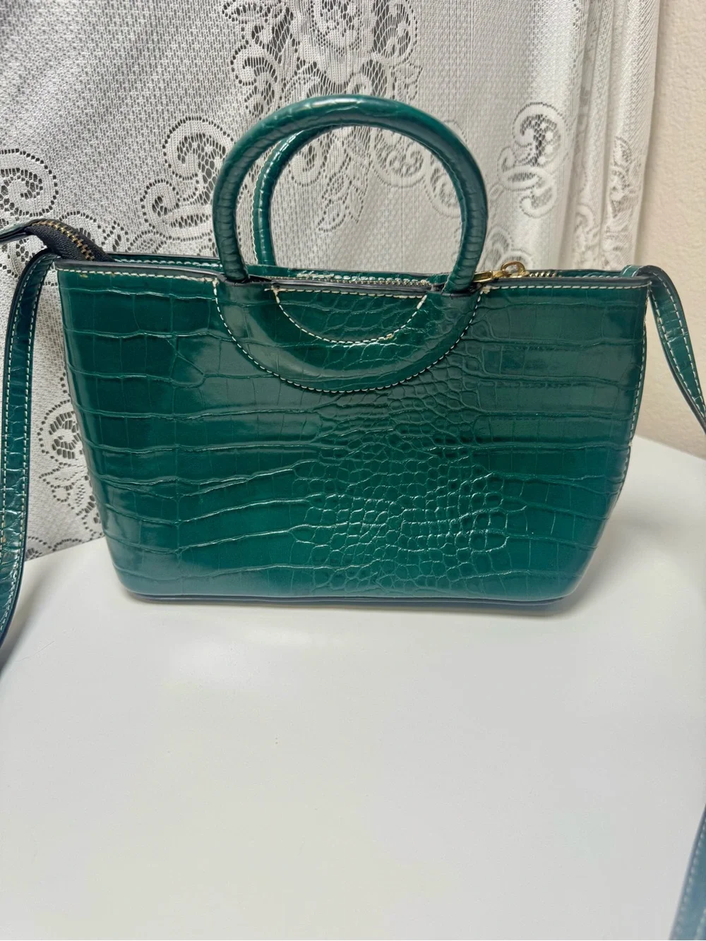 Green Croc-Embossed Mini Crossbody Bag. Whipstitch Handles- 9” Handbag